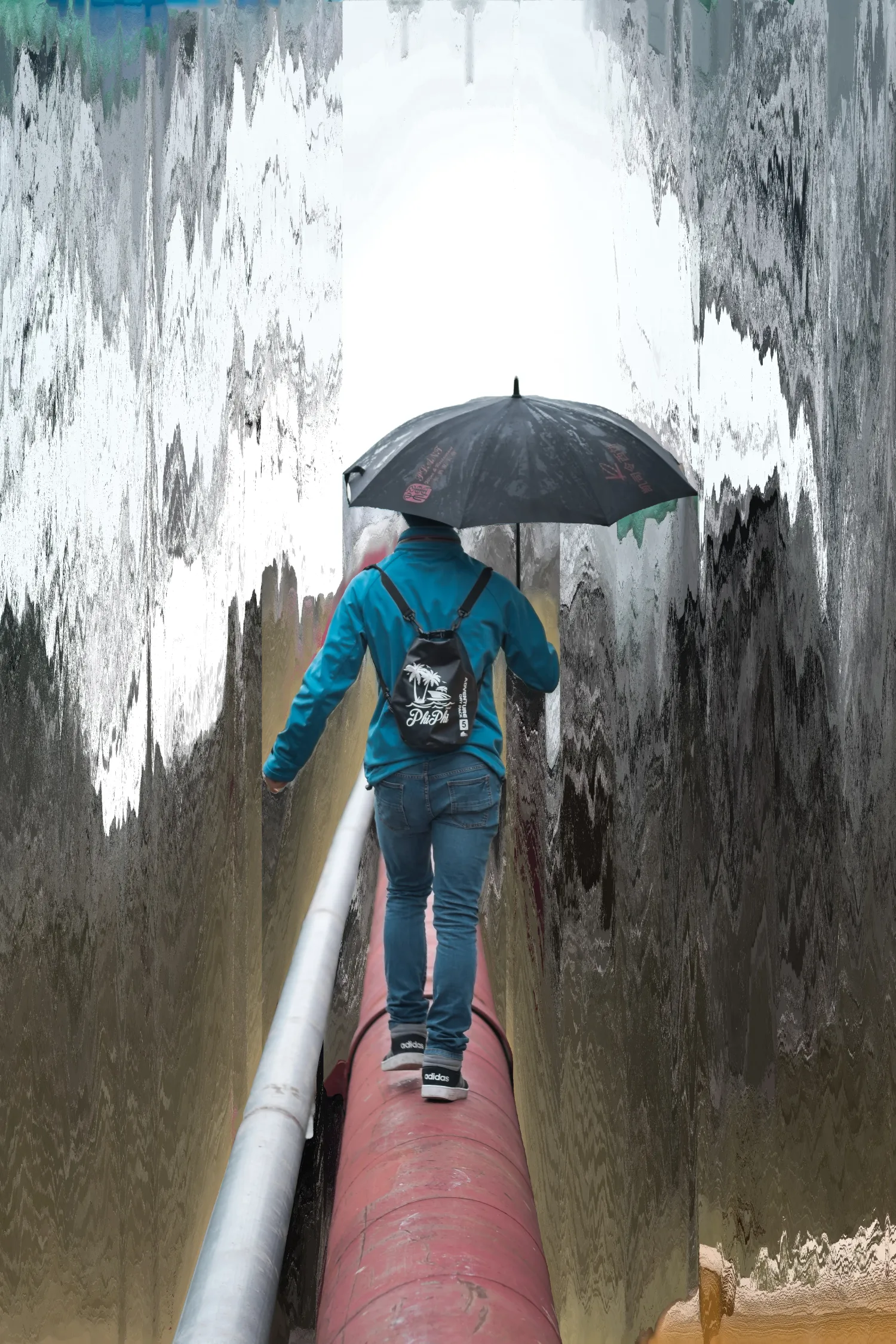 Night cityscape with diagonal pixel sorting and neon glitch effect